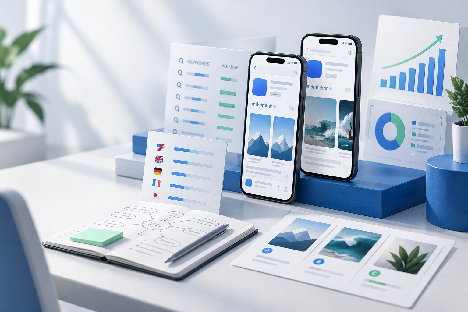 App store optimization research workspace with phones, localization cards, and performance charts